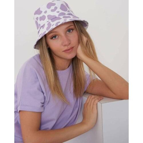 2021 Brand New Woman Bucket Hat New Fashion Lilac White Cow Pattern Bucket Hats Fisherman Bob Caps Summer Beach Accessories