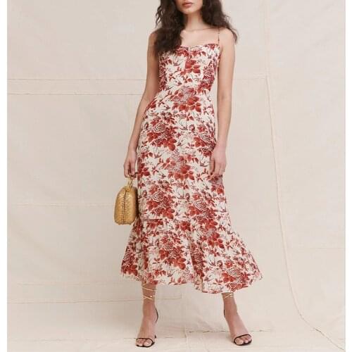 Dresses For Women 2021 Elegant Ruffle Hem Vintage Floral Dress Sweetheart Neck Sleeveless Spaghetti Strap Summer Midi Dress