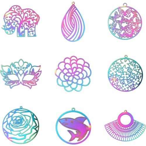 DoreenBeads Fashion Stainless Steel Filigree Stamping Charms Elephant Butterfly Flower Hollow AB Color Plating Pendants, 5-10PCs