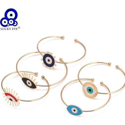 Lucky Eye Multi Color Turkish Evil Eye Bangle Gold Color Open Cuff Bangle Bracelet Adjustable for Women Girls Jewelry BE115