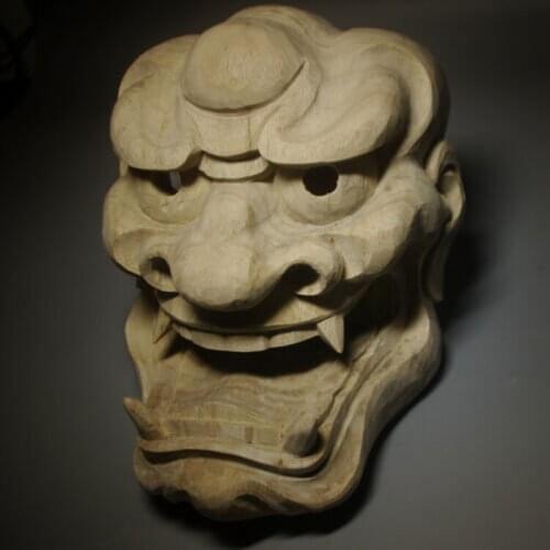 QH052- 22.5X17X10 CM Hand Carved Camphor Wood Japanese Lion Mask