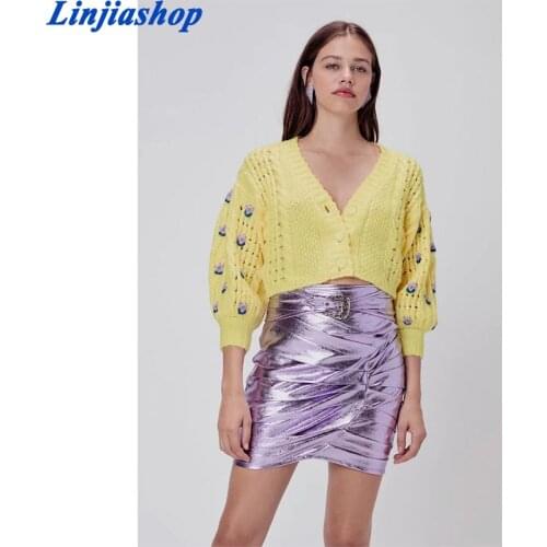 Super chic autumn winter sweaters yellow black embroidery long sleeves handmade knitted cardigan sweater boho knitwear