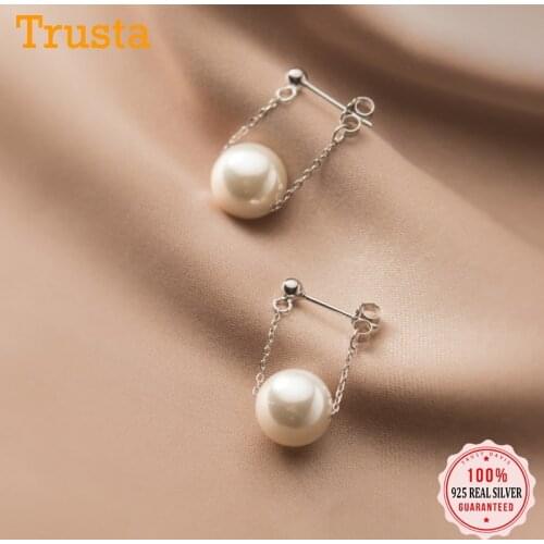 TrustDavis Real 925 Sterling Silver Fashion Synthesis Pearl Chain Stud Earring For Women Wedding Valentines Day Jewelry DB141