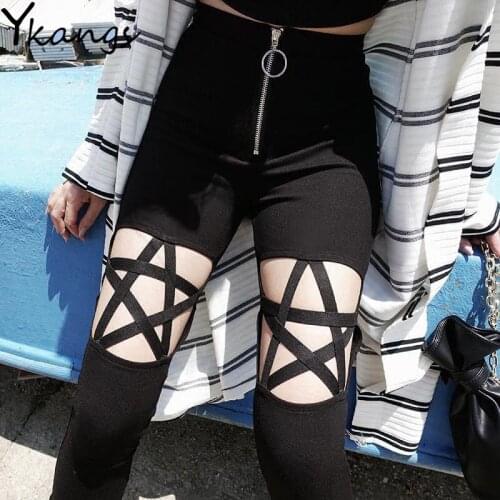 Women Black High Waist Zipper Pants Star Hollow Gothic Cool Slim Thin Pencil Pants Female Red Plaid Punk Leggings Streetwear