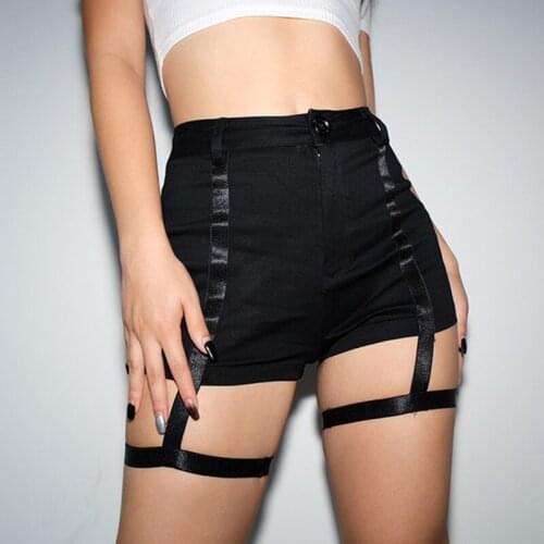 High Waist Summer Casual Button Zipper Sexy Hollow Strap Pure Black Mini womens micro-elastic Shorts