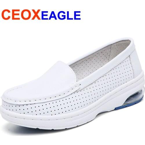 Genuine Leather Women Sneakers Wedges Shoes Air Cushion Nurse Shoes Mother Platform Spring Ladies Loafer Rubber Zapatos De Mujer