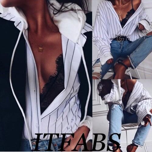 Shirts Women 2018 Autumn Striped Long Sleeve V-neck Hooded Loose Tops Ladies Casual Button Blouse