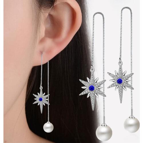 ANENJERY 925 Sterling Silver Pearl Micro AAA Zircon Hexagram Star Long Tassel Earrings For Women Wedding Jewelry S-E289