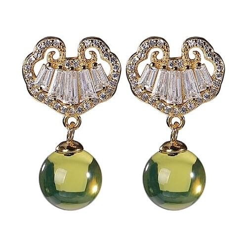 S925 sterling silver gold-plated natural blue amber stud earrings dignified hollow Ruyi earring pendant for ladies earrings