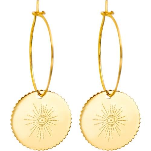 Women New Statement Round Pendant Hoop Earrings Gold Circle Sun Pettern Bohemian Stainless Steel Jewelry Wedding Gift Jewelry