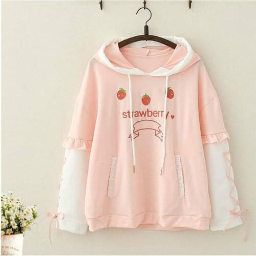 Japanese Harajuku Kawaii Women Autumn Sweatshirt Sweet Strawberry Embroidery Hoodie Lolita Lace Up Pink Pullover Tops