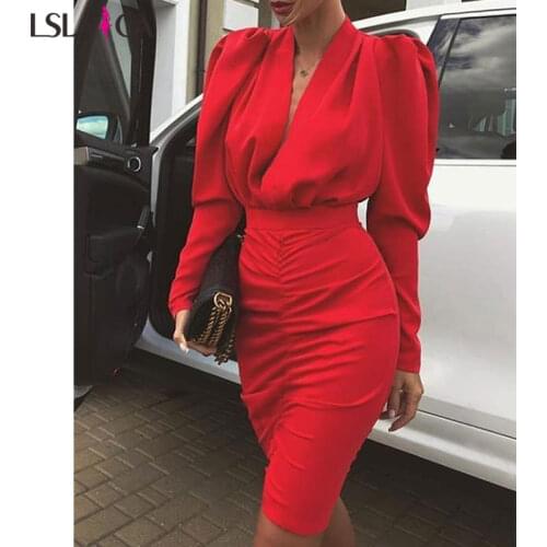 Lslaica Womens new party dress street hipster red V-neck bubble long-sleeved fashion temperament Slim bodycon dress autumn