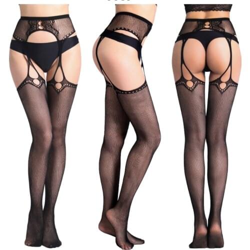 Women Sexy Lingerie Elastic Stockings Hollow Garter Transparent Black Fishnet Stocking Thigh Sheer Tights Open Crotch Pantyhose