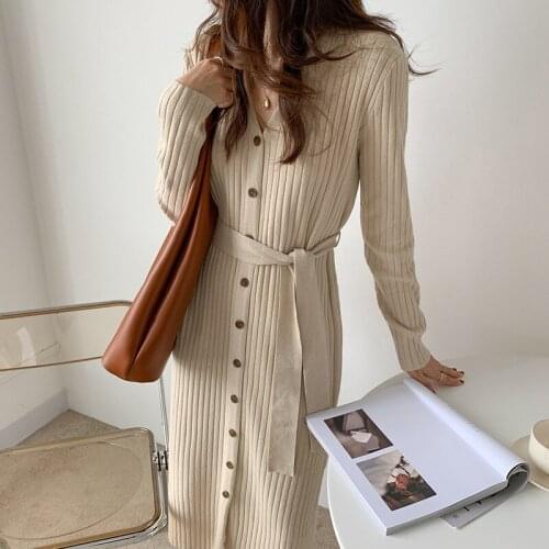 Gkfnmt Winter V-Neck Sweater Button Dress Women Lace Up Knitted Long Dress Female Knitwear Soft Spring Autumn Vestidos 2021