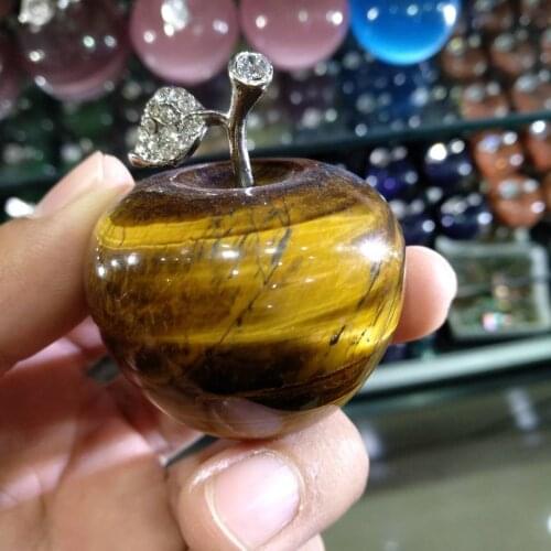2'' Tiger-Eye Stone Natural Crystal Apple Paperweight Figurine Carved Gift Decor