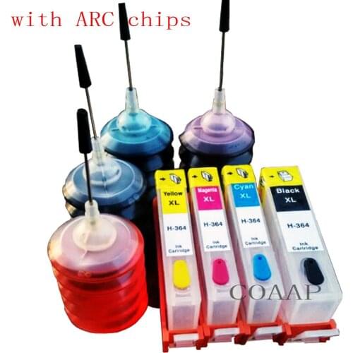 4 Compatible hp364 Refillable ink cartridge + 120ml Dye ink For hp 364 XL Photosmart CN245B D5460 D7560