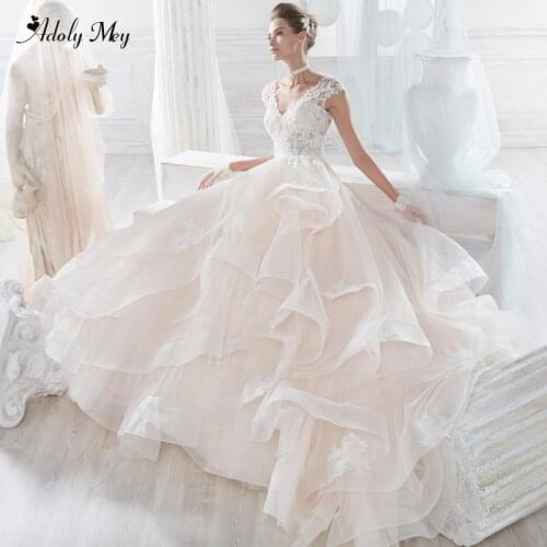 Adoly Mey Romantic V-Neck Cap Sleeve A-Line Wedding Dresses 2020 Gorgeous Appliques Ruched Tulle Princess Bride Gown Plus Size