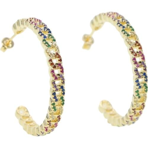 38mm big Huggie hoop earring with rainbow colorful cz paved cuban chain high quality gorgeous luxury 2019 summer women jewelry