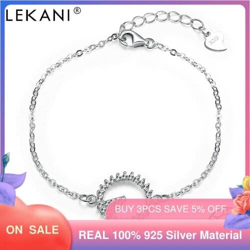 LEKANI 925 Sterling Silver Circle Letter V Shape Charm Bracelet Women Shiny Full 5A Cubic Zirconia Bracelets Fine Jewelry