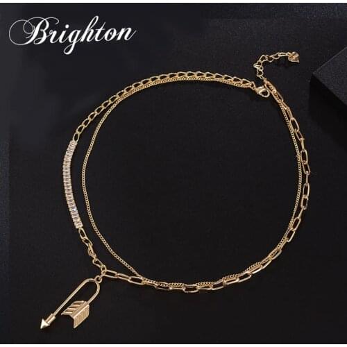 Brighton Double Layer Metal Necklace For Women Punk Choker Curved Arrow Pendants O Crystal Chain Party collares de moda 2021