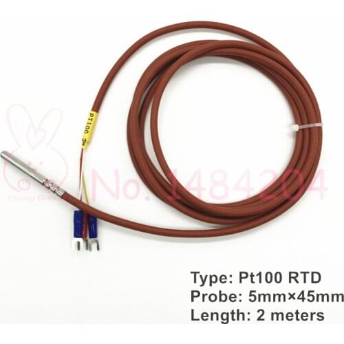 1x PT100 Temperature Sensor 5mm*45mm RTD Probe 3 Wire 2m Silicone Gel Coated Platinum Resistance Waterproof Oil Proof