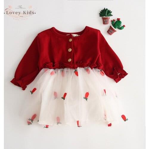 Baby Girl Kids Tutu Dress 2021 Toddler Mesh Patchwork Embroidery Princess Cotton O Neck Tulle Red Color Kids Clothing
