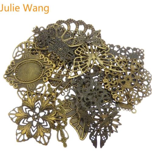 Julie Wang 16PCS Vintage Butterfly Flowers Charms Connector Iron Antique Bronze Bracelet Jewelry Making Pendant Accessory