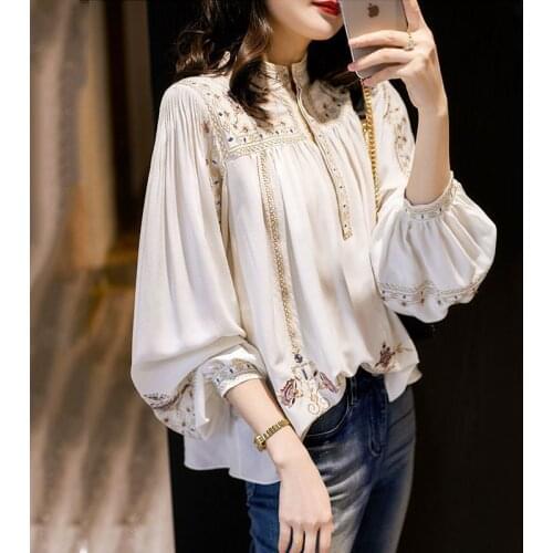 Fashion Joker Printed Shirt Womens Spring and Autumn 2021 New Stand Collar Bohemian Loose Foreign Style Shirt Womens Shirt