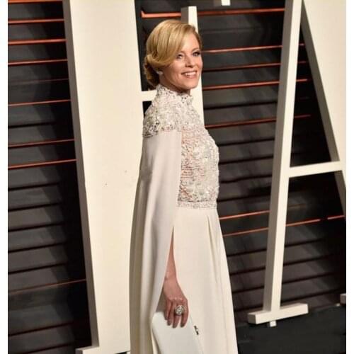 New Elegant Arabic White Jumpsuits Evening Formal Wear With Long Wrap High Neck Top Lace Appliques Caps Prom Party Dresses C