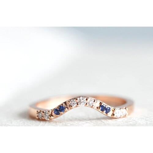 14k Rose Gold Wedding Ring with Blue Sapphires and Diamonds Curved Pave Stacking Diamond Rings Wedding Ring