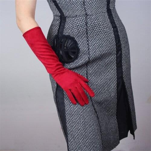 40cm Suede Gloves Medium And Long Section Christmas Chinese Red Matte Dark Red Emulation Leather Suede Female Gloves WJP04