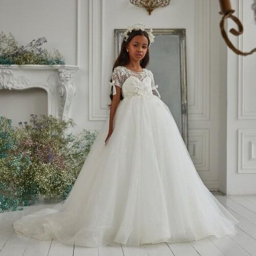 Bling Short Sleeve Flower Girl Dresses with Beads Appliques Princess Birthday Party Christmas Dress A Line First Communion Gowns