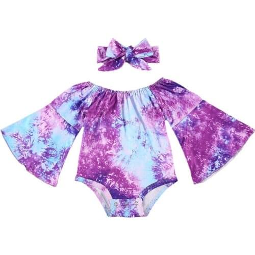 Newborn Baby Girls Tie-dye Clothes Toddler Off-shoulder Flare Sleeve Jumpsuit with Buttons + Bow-knot Headband for Spring Autumn