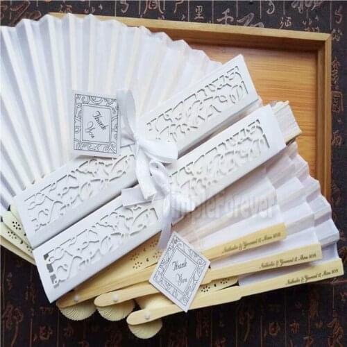 Personalized Luxurious Silk Fold Hand Fan In Elegant Laser-Cut Gift Box +Party Favors/wedding Gifts+printing 100pcs/lot