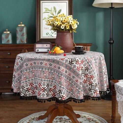 Chinese Style Retro Knot Printing Cotton And Linen Tassel Round Tablecloth Restaurant Home Coffee Table Dining Table Tablecloth