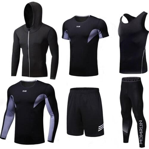 Reflective Compression Suits Mens 6PCS Running Sets Basketball Gym Fitness Tracksuits Running Jogging Tights Sportswear Clothes