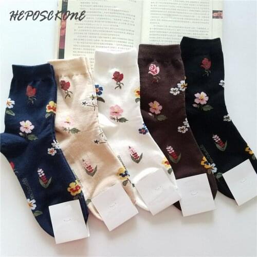 Spring Autumn Winter Creative Casual Vintage Harajuku Women Socks Jacquard Rose Cherry Blossom High Quality Calcetines Mujer