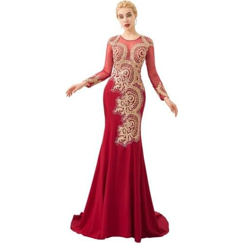 High Quality Satin with Appliques O-Neck Wine Full Sleeve Mermaid Dress Evening dresses Robe longue soiree Vestidos largos