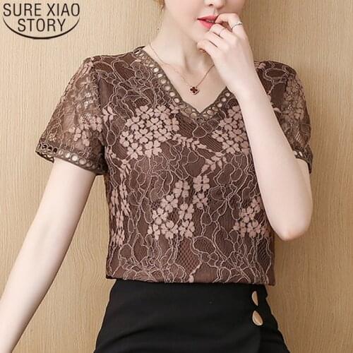 Office Lady Lace Shirt Women Short Sleeve Blouse Fashion V-neck 2021 Summer New Hollow Out Sexy Casual Blouse Blusas Mujer 14829