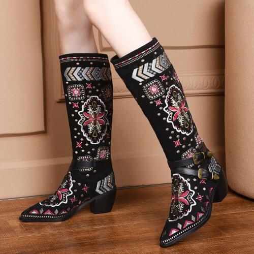 SARAIRIS 2020 Embroidery Big Size 46 High Quality Winter Shoes Woman Boots Female Chunky Heel Equestrian Boots Shoes Women