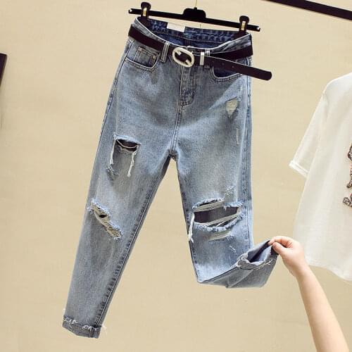 Woman Jeans Pants Loose Hole High Waist Harem Straight-Leg Pants Pantalones Vaqueros Mujer