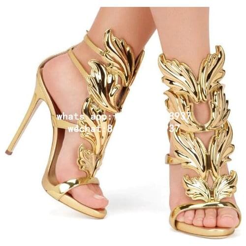 Hot sell women high heel sandals gold leaf flame gladiator sandal shoes party dress shoe woman patent leather high heels