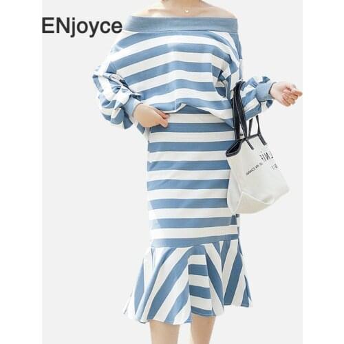 Women Horizontal Stripes Strapless Collar Long Sleeve Tops and Elastic Ruffles Hem Skirt Blue Two Piece Suits Sets 2020 Autumn