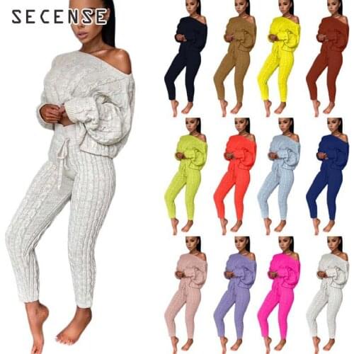 Women Sweater Two Piece Set Sexy Suit Off Shoulder Long Sleeve Loose Knitted Sweater Cardigan Tracksuit Autumn Winter SECENSE