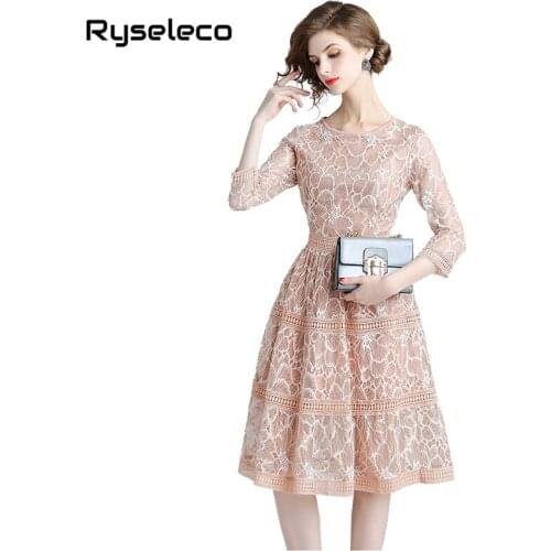 Quality Sweet Full Floral Lace Dress Slim Fashion O-neck SexyCutout Work Casual Dresses Women A-line Elegant Party Midi Vestidos