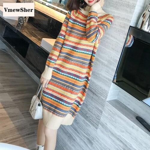 VmewSher Winter Knitted Print Women Sweater Dress Fashion Striped Turtleneck Dress 2020 Autumn New Long Sweater Dress for Female
