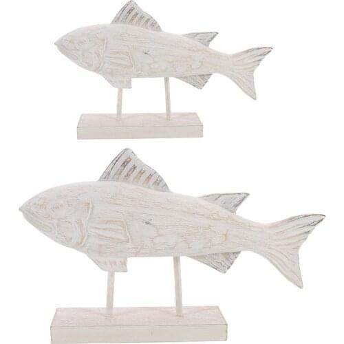 2pcs Hand Carved Rustic Wood Fish Statue Decorative Wooden Art Collection