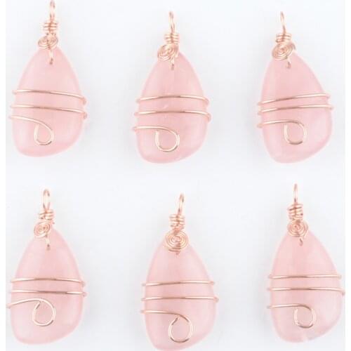 6Pcs Natural Stone Rose Quartzs Copper Wire Wrap Pendant Irregular Geometric Bead Rose Gold Color Dangle Charms Jewelry TN4175