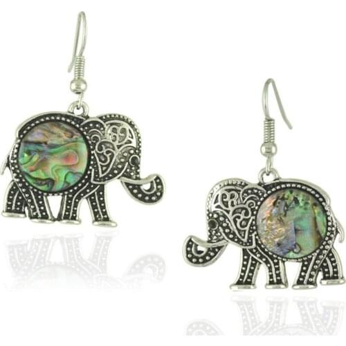 FYSL Silver Plated Elephant and Owl Shape Abalone Shell Dangle Earrings for Women Animal Jewelry