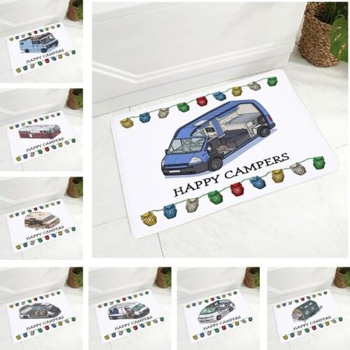 Happy Campers Door Mat Decor Van Life Cartoon House Travel Car Floor Doormat for Children Room Bedroom Kitchen Non-Slip Carpet